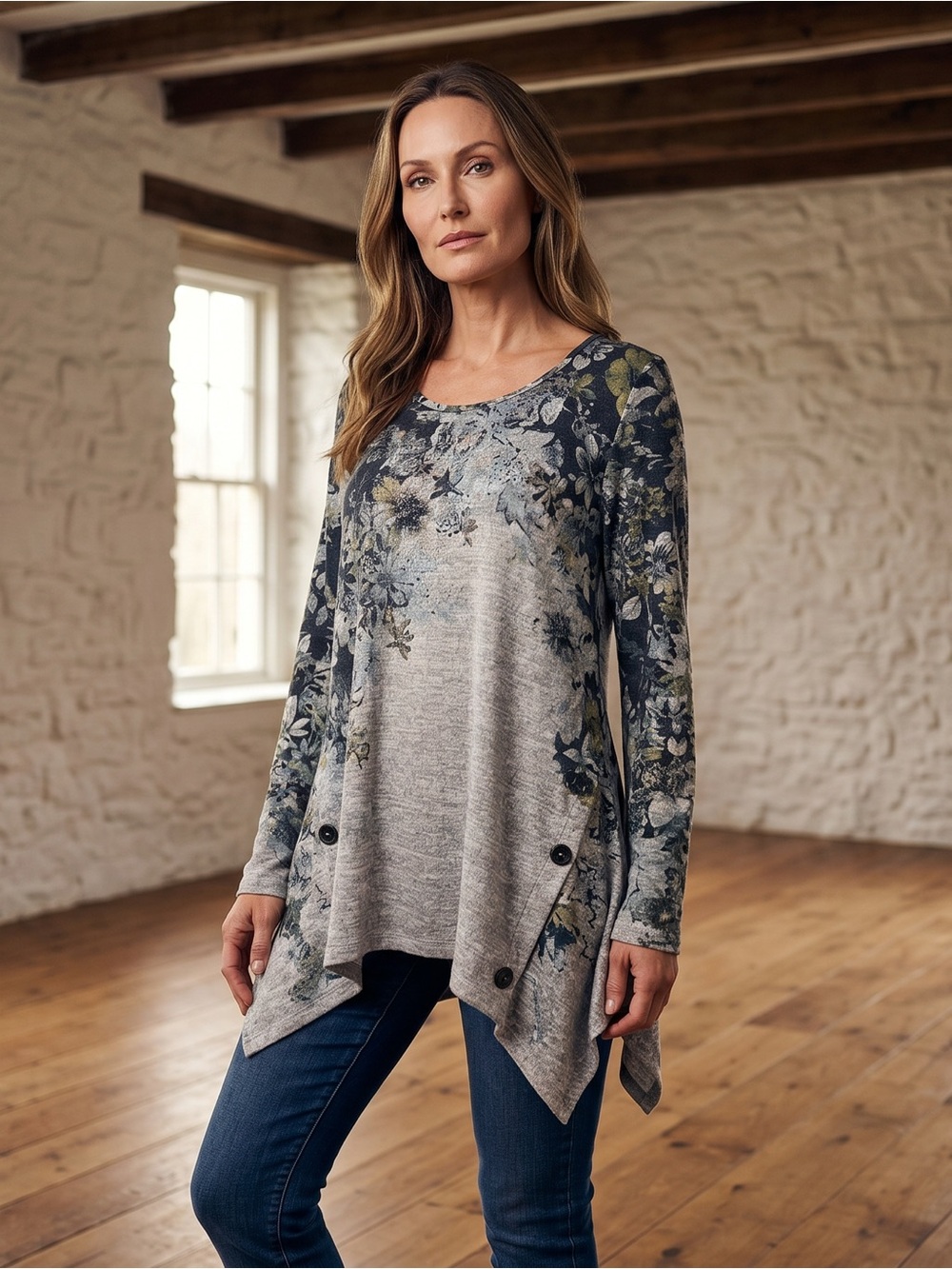World Unity Floral Panel Asymmetric Long-Sleeve Tunic with Button Accents
